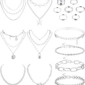 Gold Jewelry Sets for Women Gold Layered Necklaces Chunky Bracelets Knuckle Ring